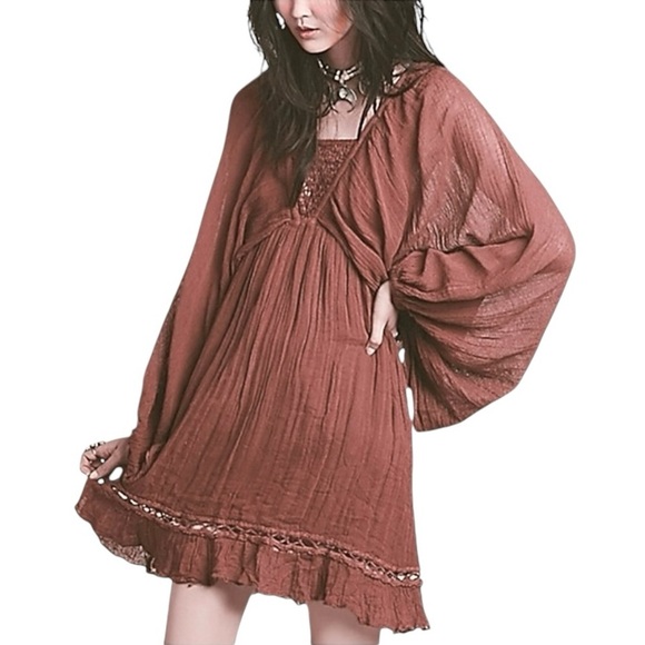 Free People x Jen's Pirate Booty Mauve Terracotta Justine Gauze Mini Dress Small - Picture 1 of 14